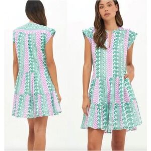 OlipHant Womens Babylon Mini Dress Size L Green Purple Cotton Roll Sleeve Preppy